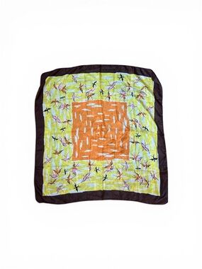 Vintage Orange, Lime & Brown Bird Print Silk Scarf